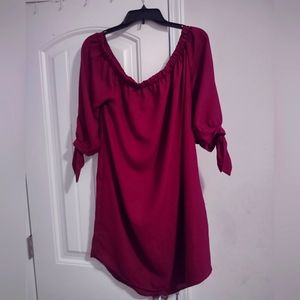 Women's Wine-Colored Plus Size Short Sleeve Casual Dress with Bow on Sleeves